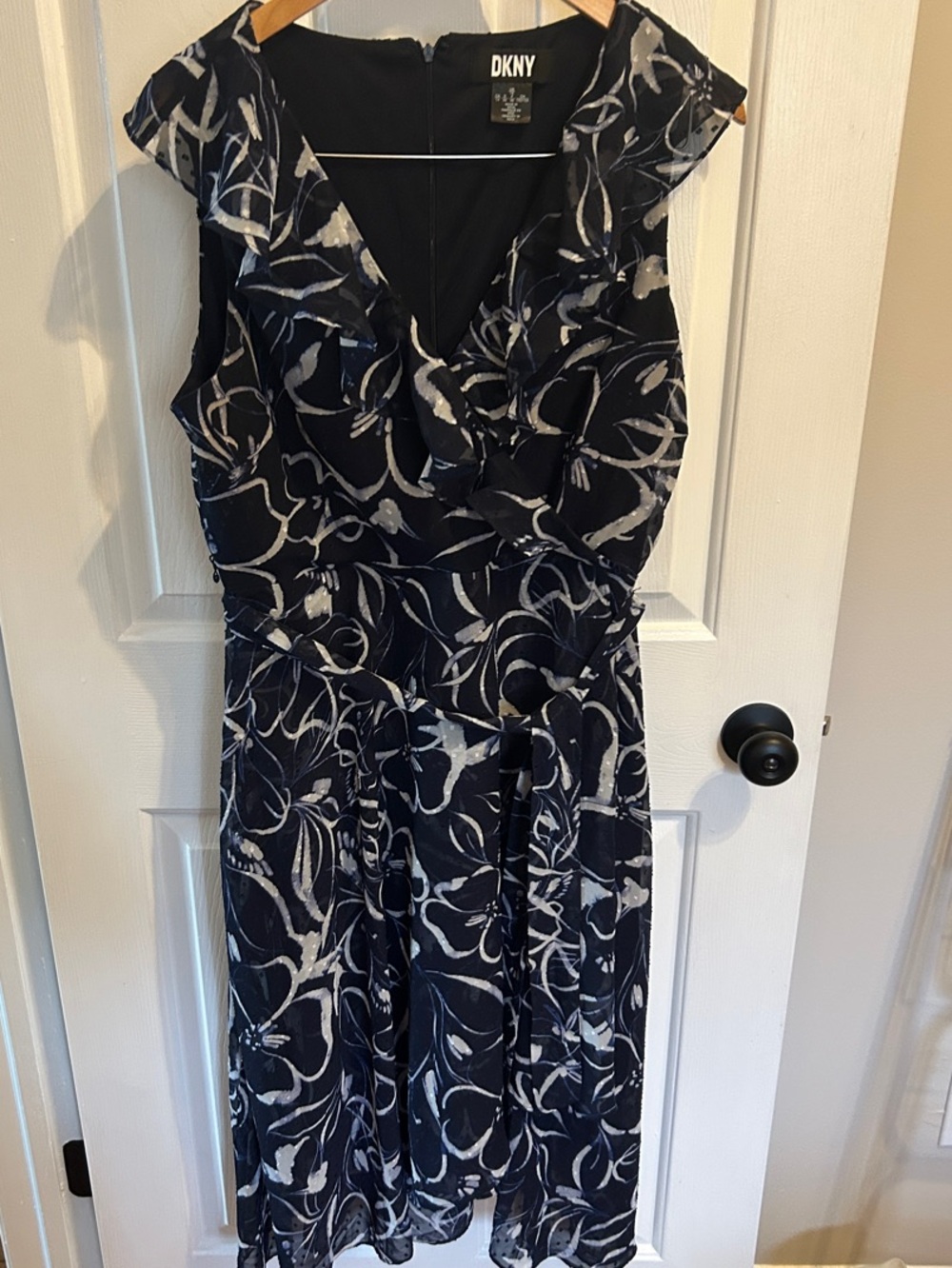 DKNY Navy and White Floral Midi Dress with V-Neck